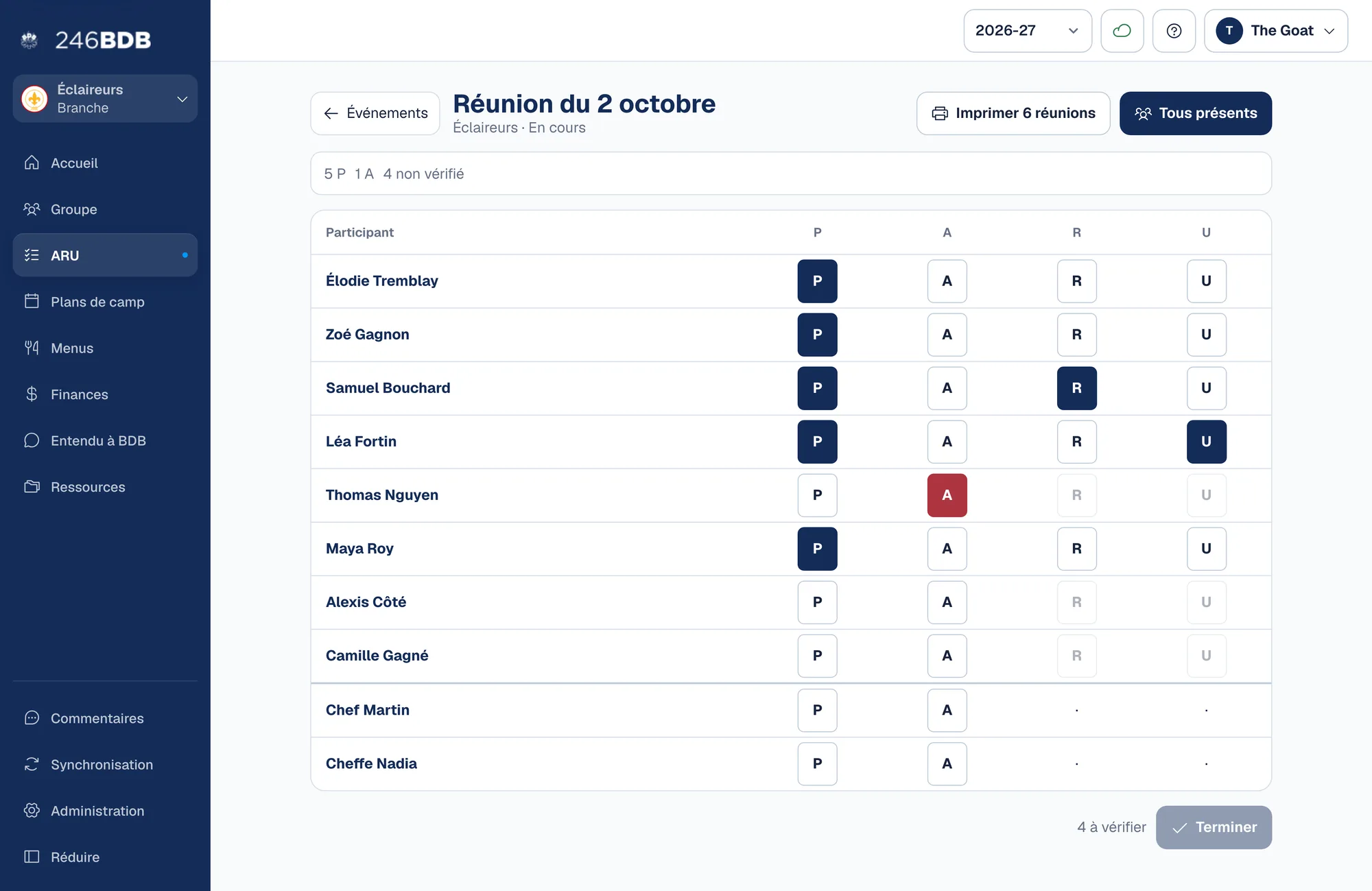 Le portail : les présences de la réunion, prises en quelques touches.