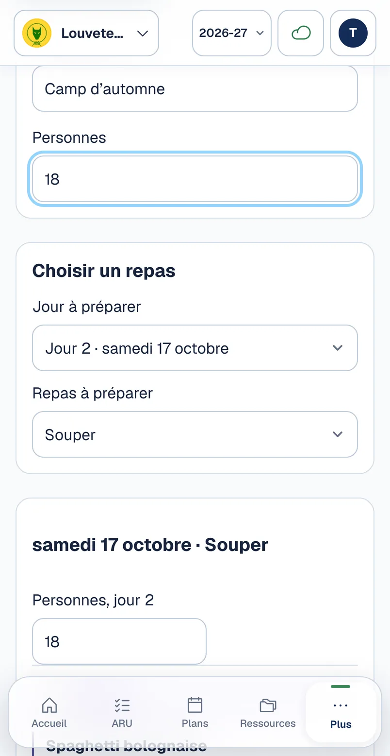 Le souper du samedi, calculé pour 18 personnes.