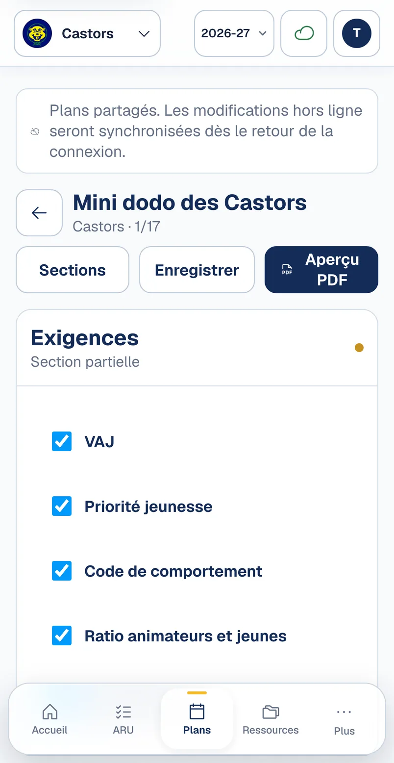La section Exigences du plan de camp, toutes cochées.