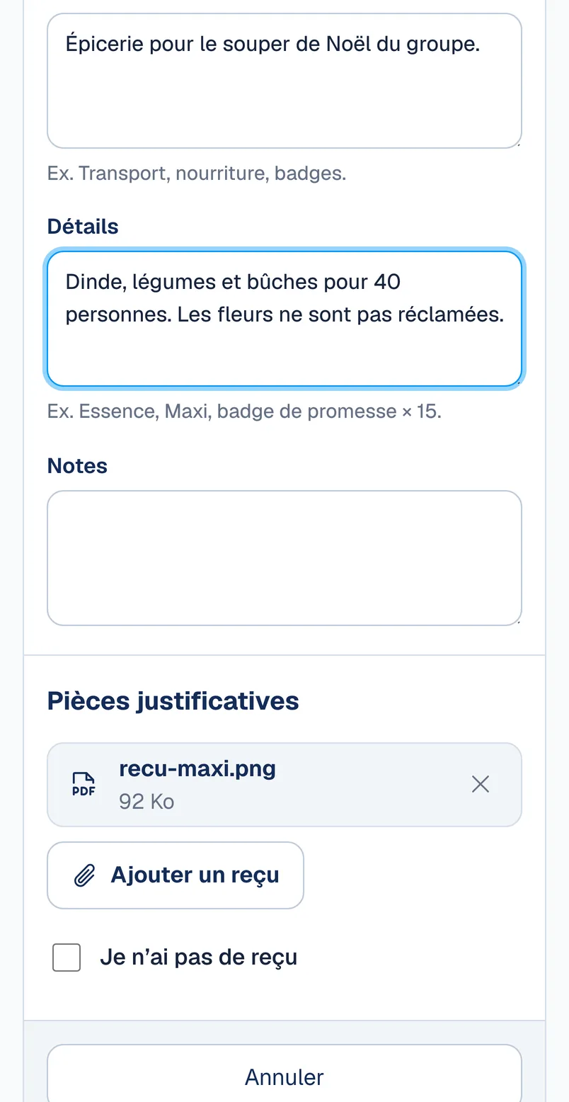Une demande de remboursement avec son reçu joint.