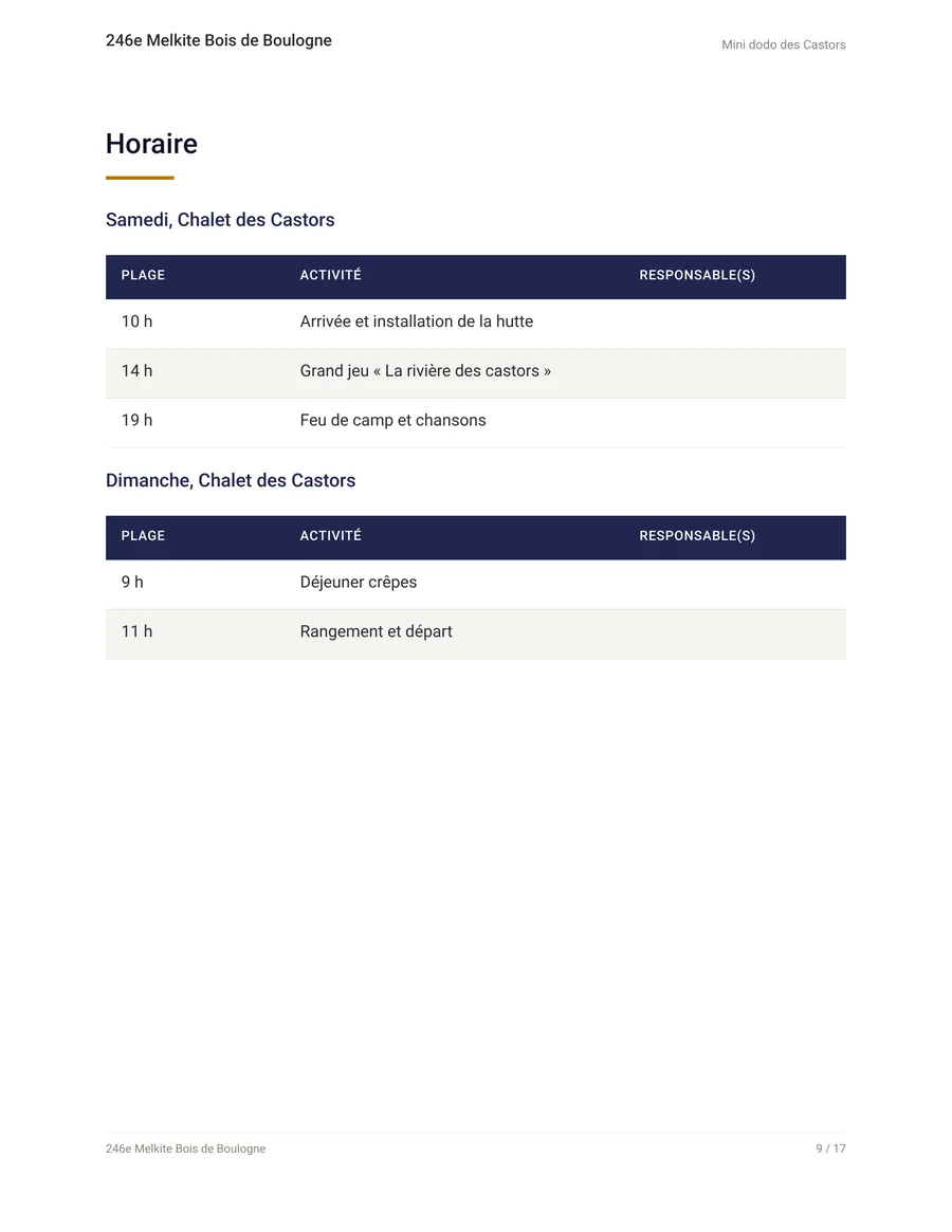 Une page du PDF du plan de camp : l’horaire.